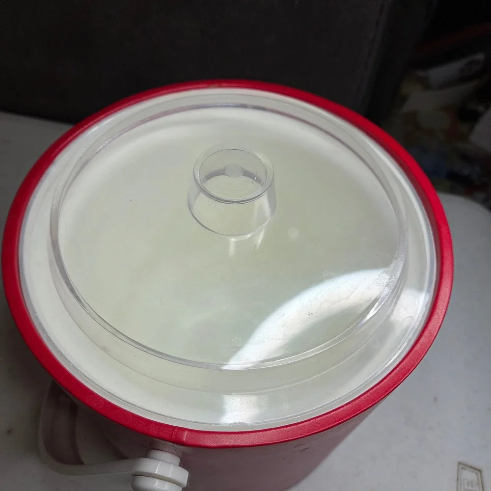 MCM Kraftware Red Ice Bucket with Clear Lid and White Handle Vintage Retro